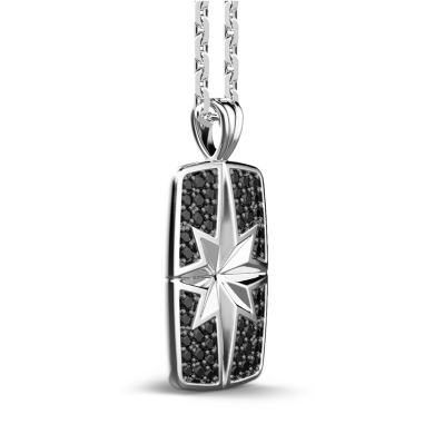 Zancan silver necklace with tag and black stones.