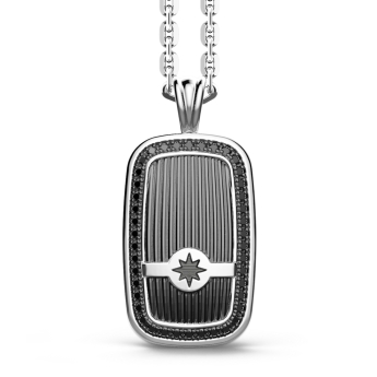 Zancan silver necklace with tag and black stones.