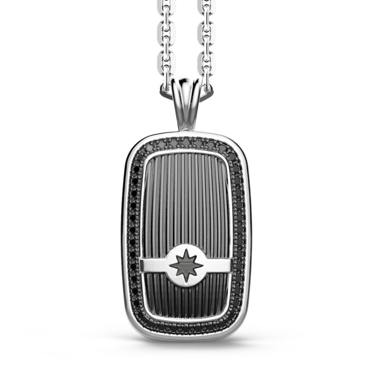 Zancan silver necklace with tag and black stones.
