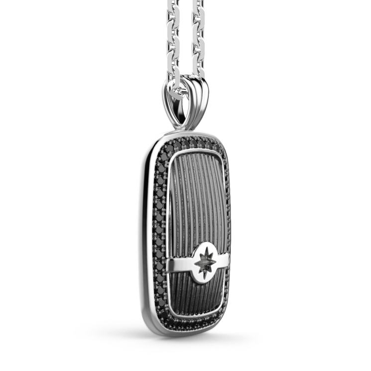 Zancan silver necklace with tag and black stones.