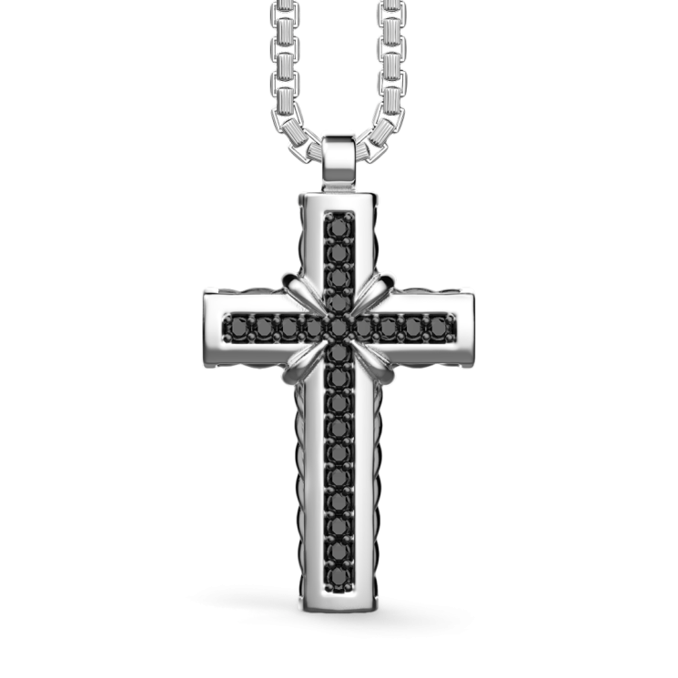 Zancan silver necklace with cross pendant and black stones.