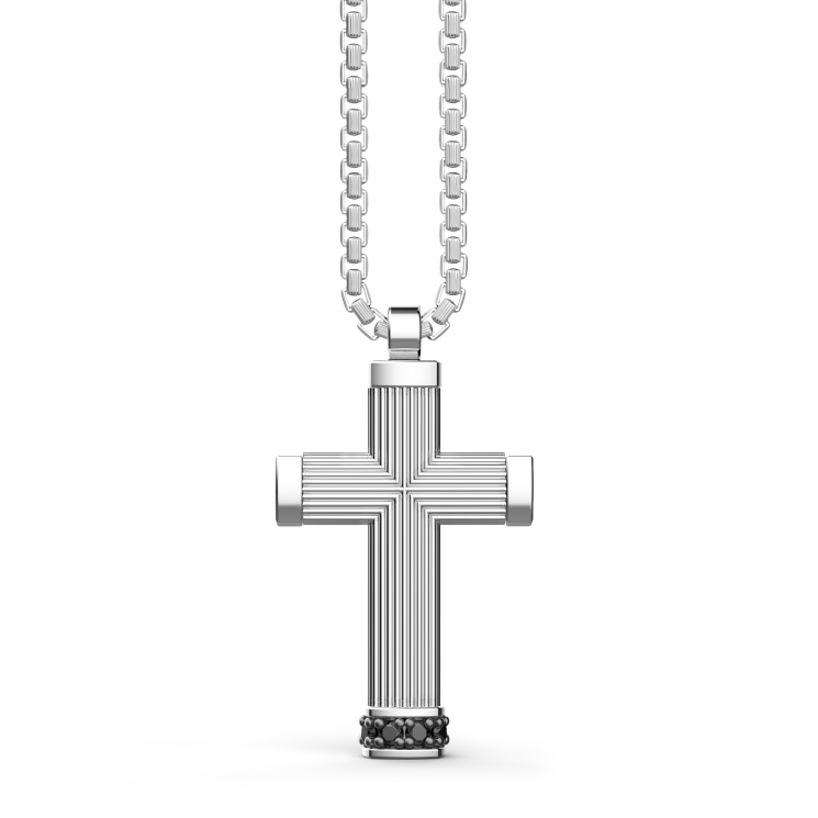 Collana Zancan in argento con pendente a croce e pietre nere.
