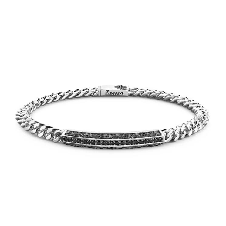 Zancan silver curb chain bracelet with tag and black stones.