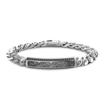 Zancan silver curb chain bracelet with tag and black stones.