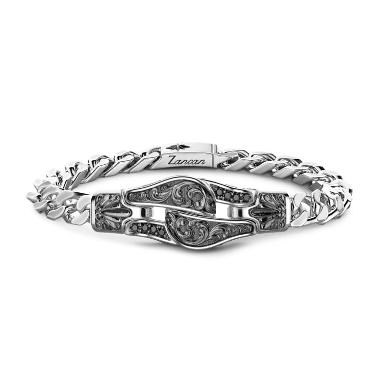 Zancan silver curb chain bracelet with buckle and black stones.