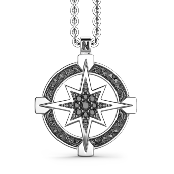 Collana Zancan in argento con pendente a rosa dei venti e pietre nere.
