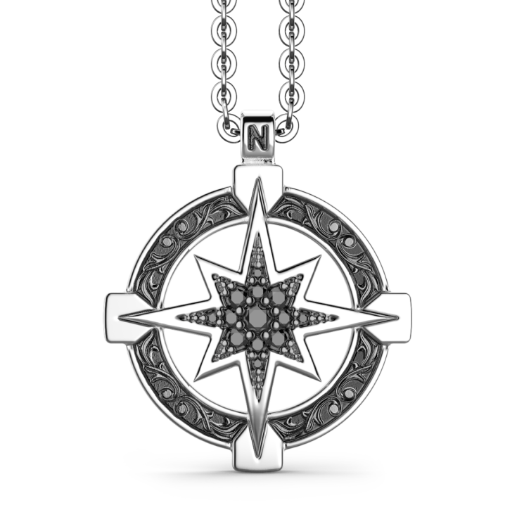 Zancan silver necklace with wind rose pendant and black stones.