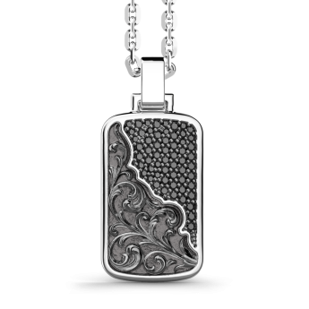 Zancan silver necklace with tag and black stones.