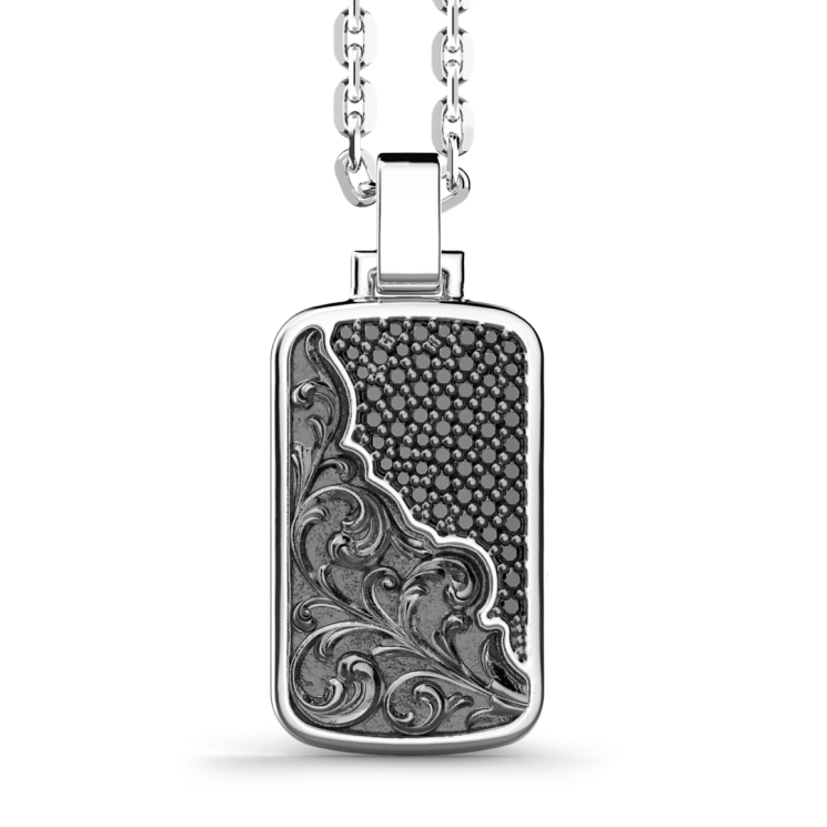 Zancan silver necklace with tag and black stones.