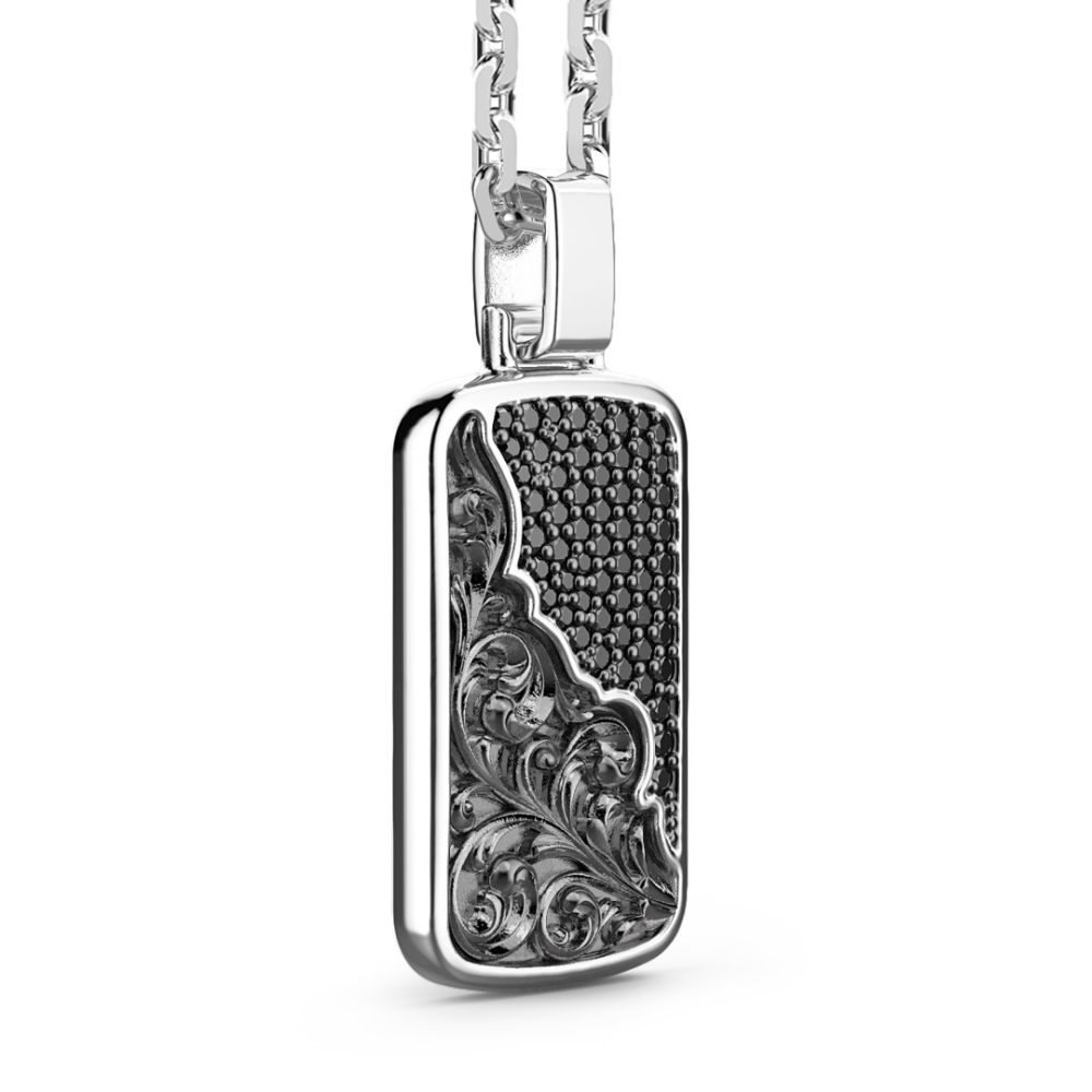 Zancan silver necklace with tag and black stones.