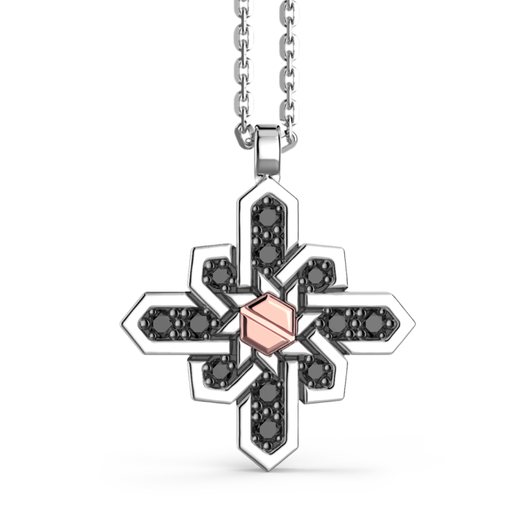 Zancan silver necklace with wind rose pendant, stones and rose gold screw