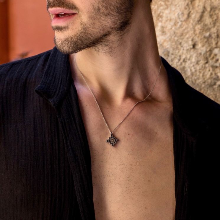 Zancan silver necklace with wind rose pendant, stones and rose gold screw