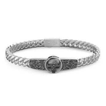 Zancan silver curb chain bracelet with tag and skull.