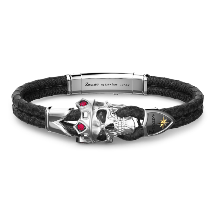 Zancan leather bracelet with crowned silver skull and red stones.