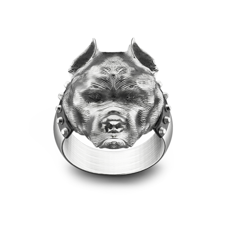 Zancan silver pit bull ring with vintage finish.