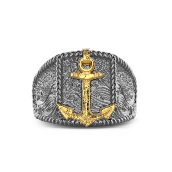 Zancan burnished silver ring with anchor.