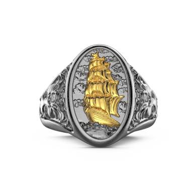 Zancan burnished silver ring with sailboat.