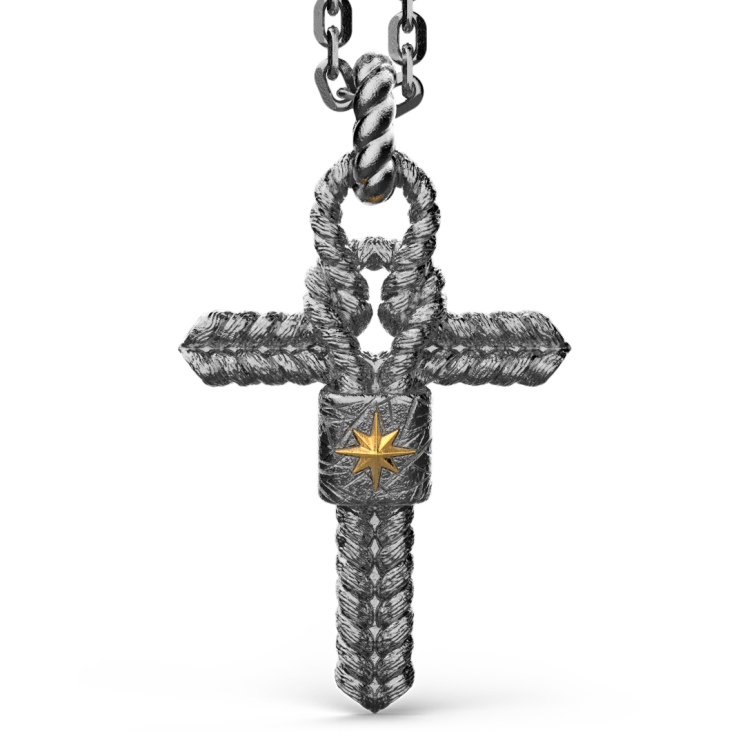 Zancan burnished silver necklace with cross pendant and nautical knot.