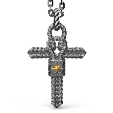 Zancan burnished silver necklace with cross pendant and nautical knot.