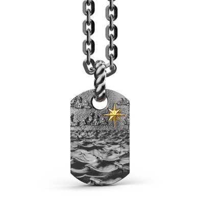 Zancan burnished silver necklace with pendant depicting sea waves.