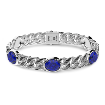 Bracciale a grumetta Zancan in argento con finitura striata in nero e pietre blu.