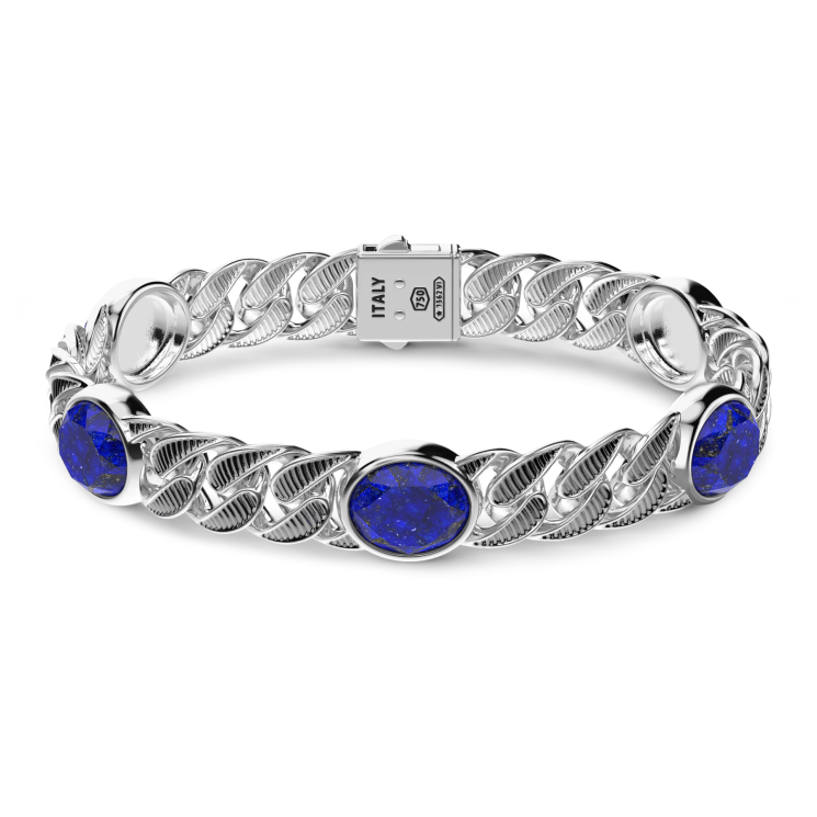 Zancan silver curb chain bracelet with striated black finish and blue stones.