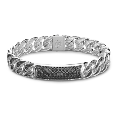 Bracciale grumetta larga Zancan in argento con finitura striatae targa con pietre nere.