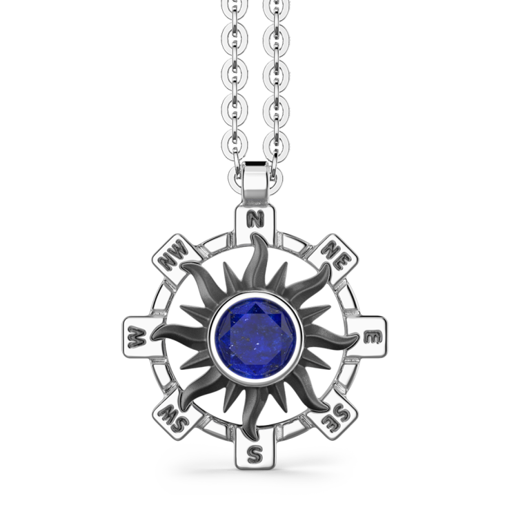 Zancan silver necklace with sun pendant and blue stone.