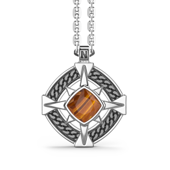 Zancan silver necklace with wind rose pendant and tiger's eye stone.
