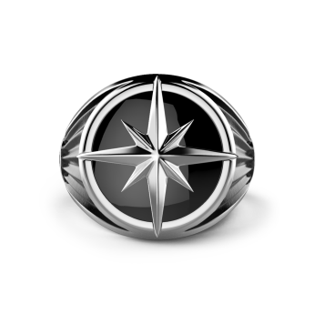 Zancan silver ring with iconic wind rose on onyx.