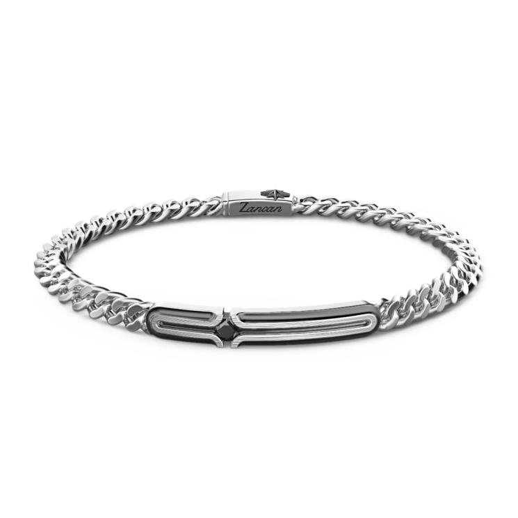 Zancan silver curb chain bracelet with tag and black stone.