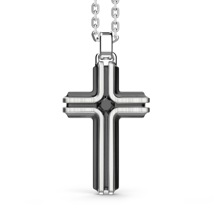 Zancan silver necklace with cross pendant and black stone.