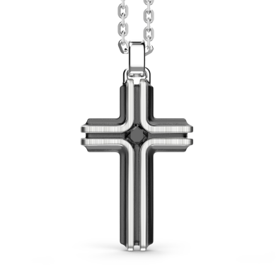 Collana Zancan in argento con pendente a croce e pietra nera.