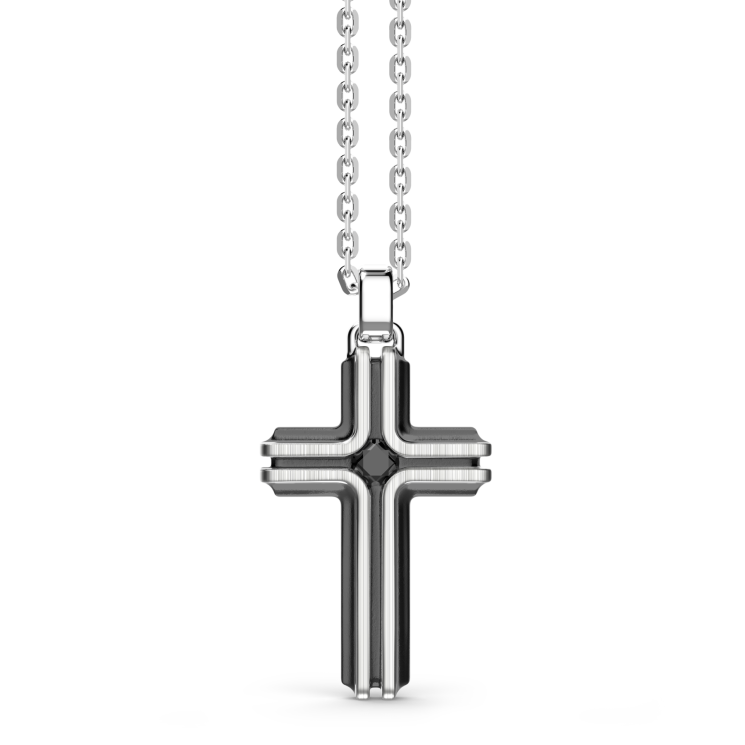 Collana Zancan in argento con pendente a croce e pietra nera.