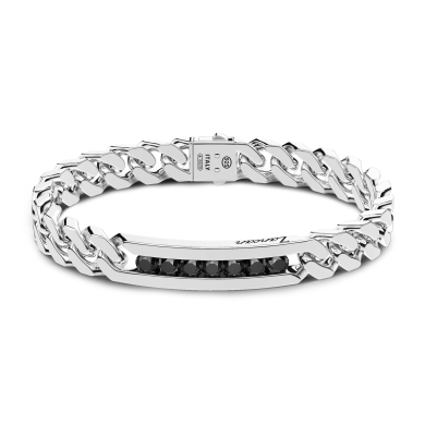 Bracciale a grumette Zanca in argento con targa e pietre nere.