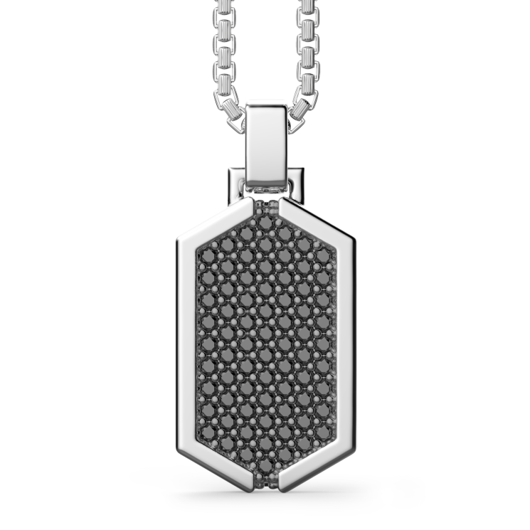 Zancan silver necklace with tag pendant studded with black stones.