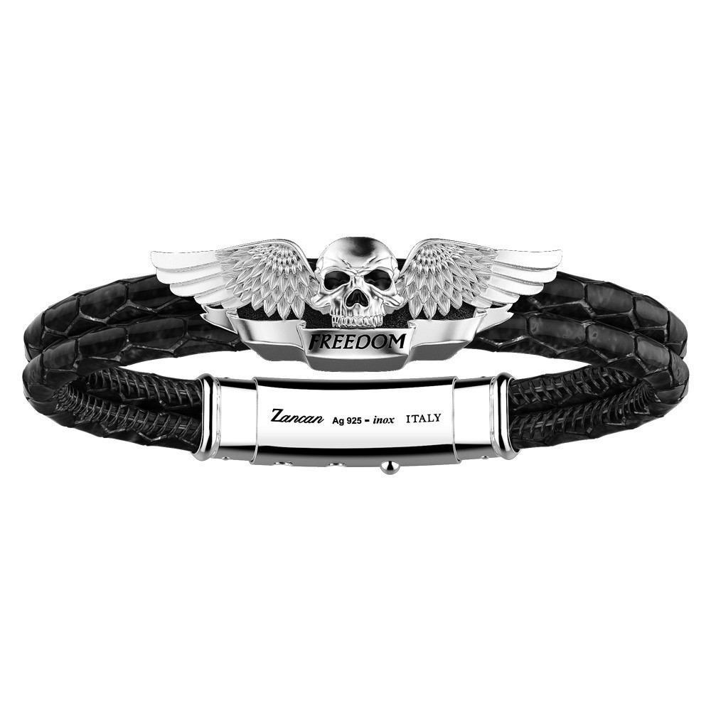 Zancan leather and silver winged skull bracelet.