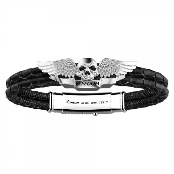 Zancan leather and silver winged skull bracelet.