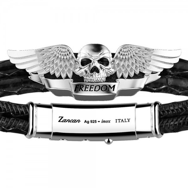 Zancan leather and silver winged skull bracelet.