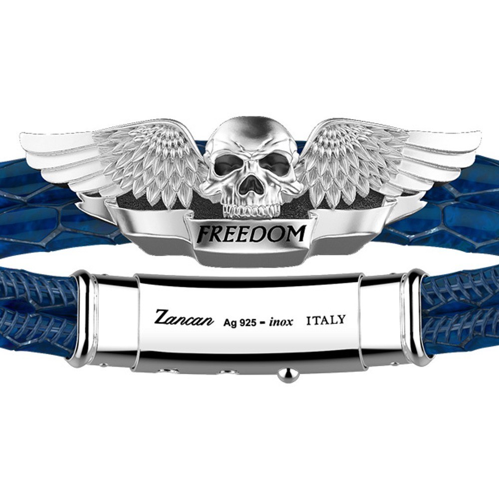 Zancan leather and silver winged skull bracelet.