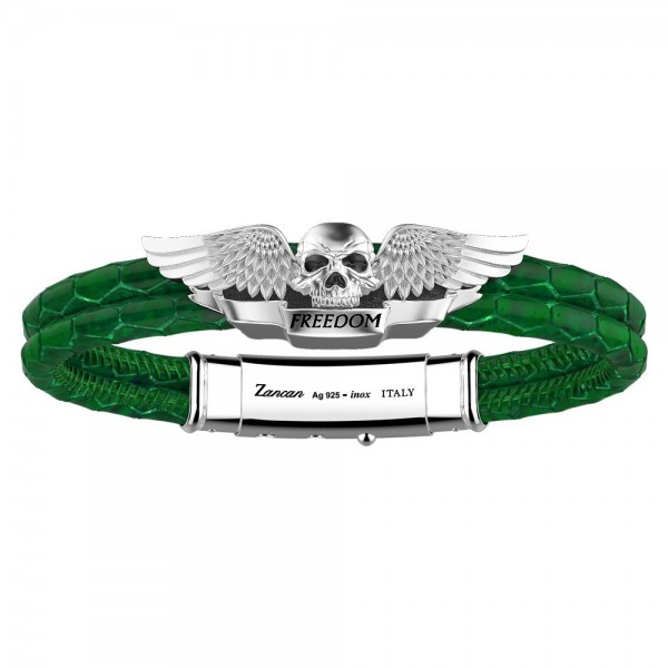 Bracciale Zancan in pelle e teschio alato in argento.