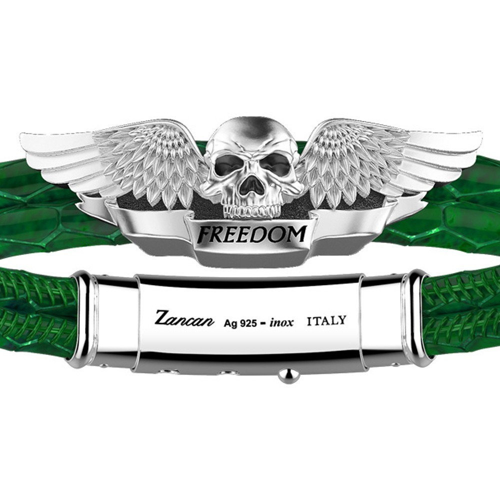 Bracciale Zancan in pelle e teschio alato in argento.