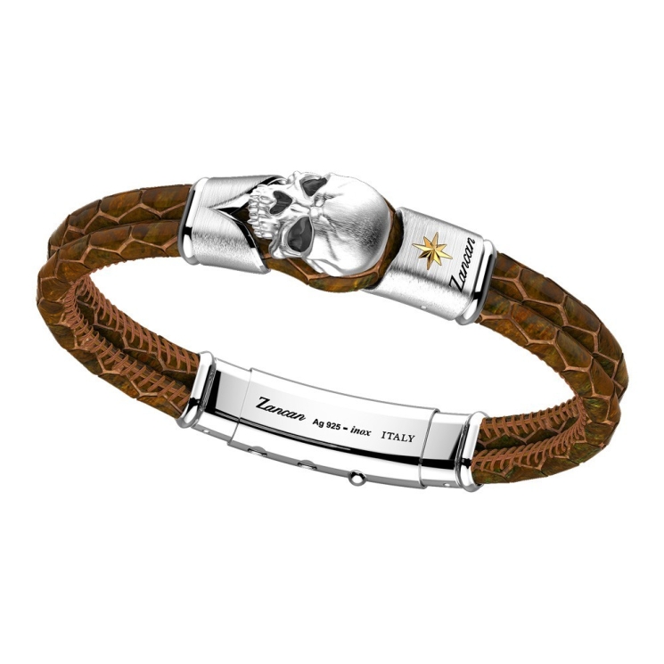 Zancan-Armband aus Leder mit Totenkopf aus Silber.