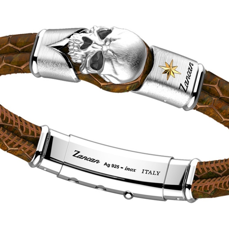Bracciale Zancan in pelle con teschio in argento.