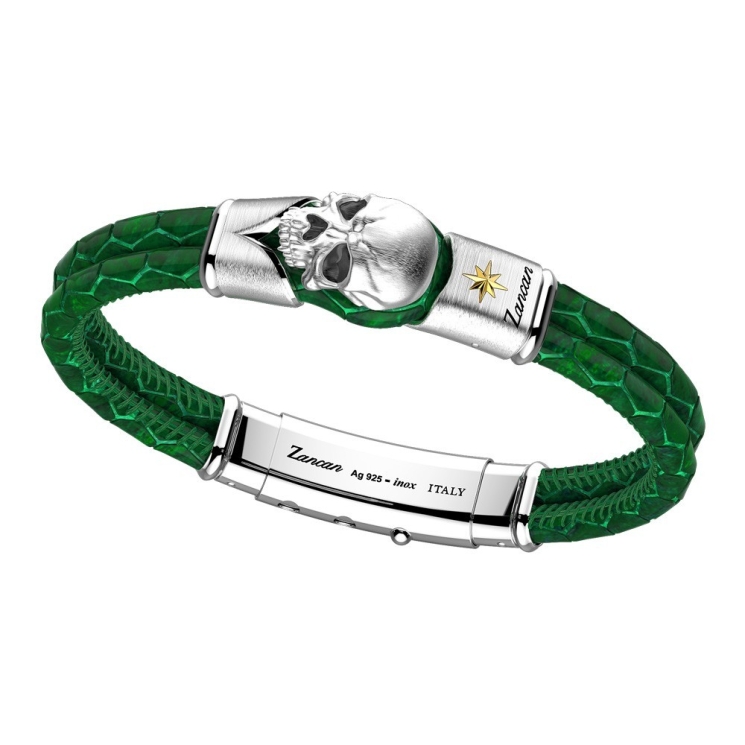 Zancan-Armband aus Leder mit Totenkopf aus Silber.