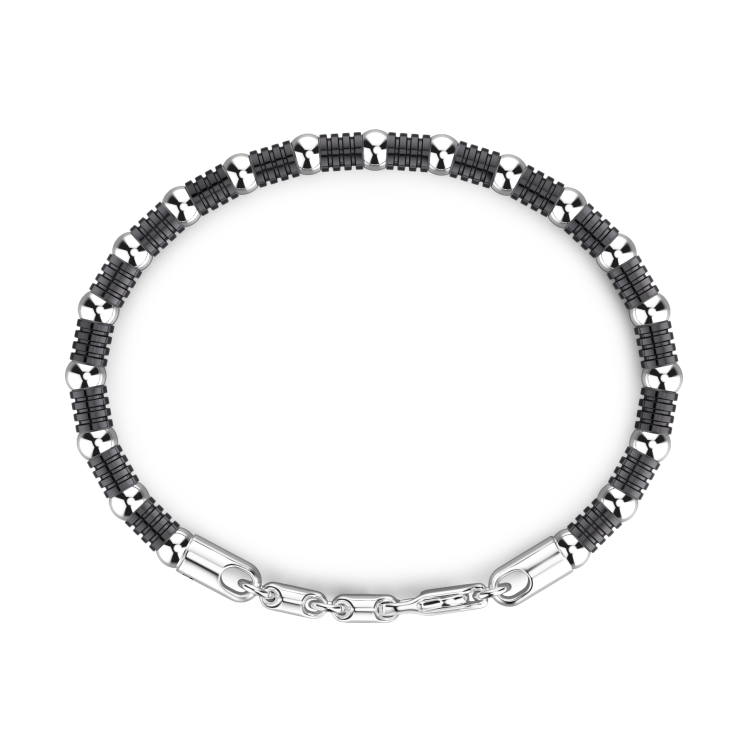Pulsera Zancan flexible de plata con esferas y elementos tubulares.