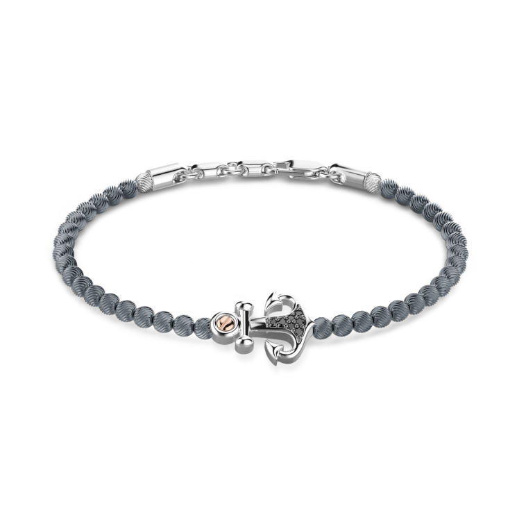 Bracciale Zancan morbido con sfere in argento, ancora e pietre nere.