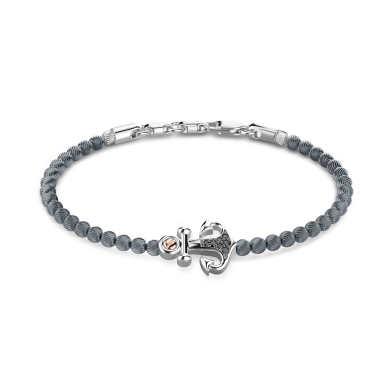 Pulsera Zancan flexible con esferas de plata, ancla y piedras negras.