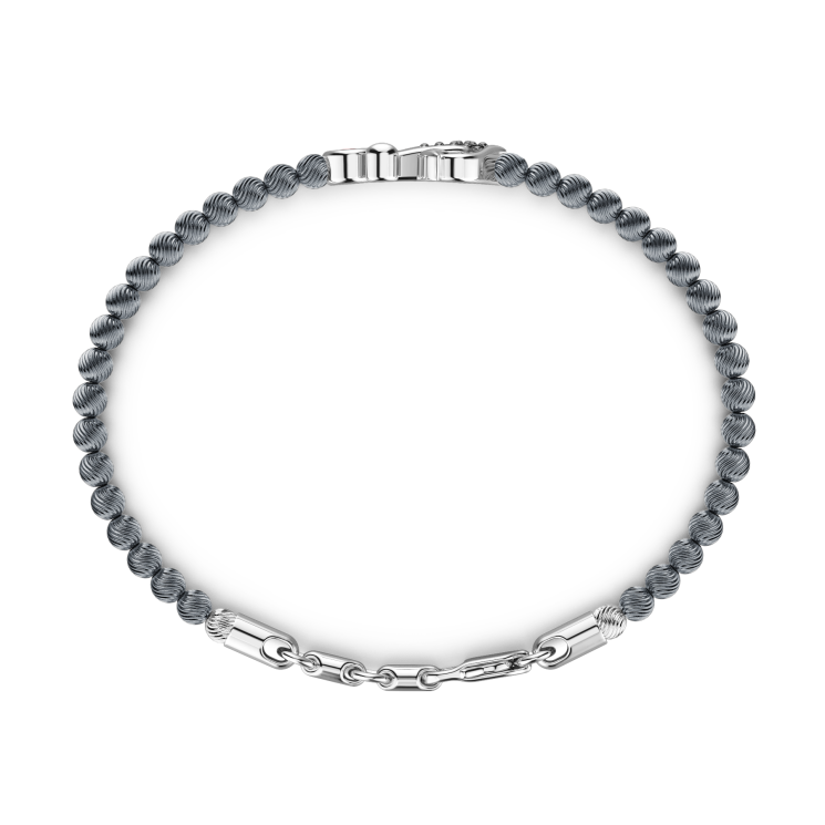 Pulsera Zancan flexible con esferas de plata, ancla y piedras negras.