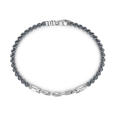 Pulsera Zancan flexible con esferas de plata, ancla y piedras negras.